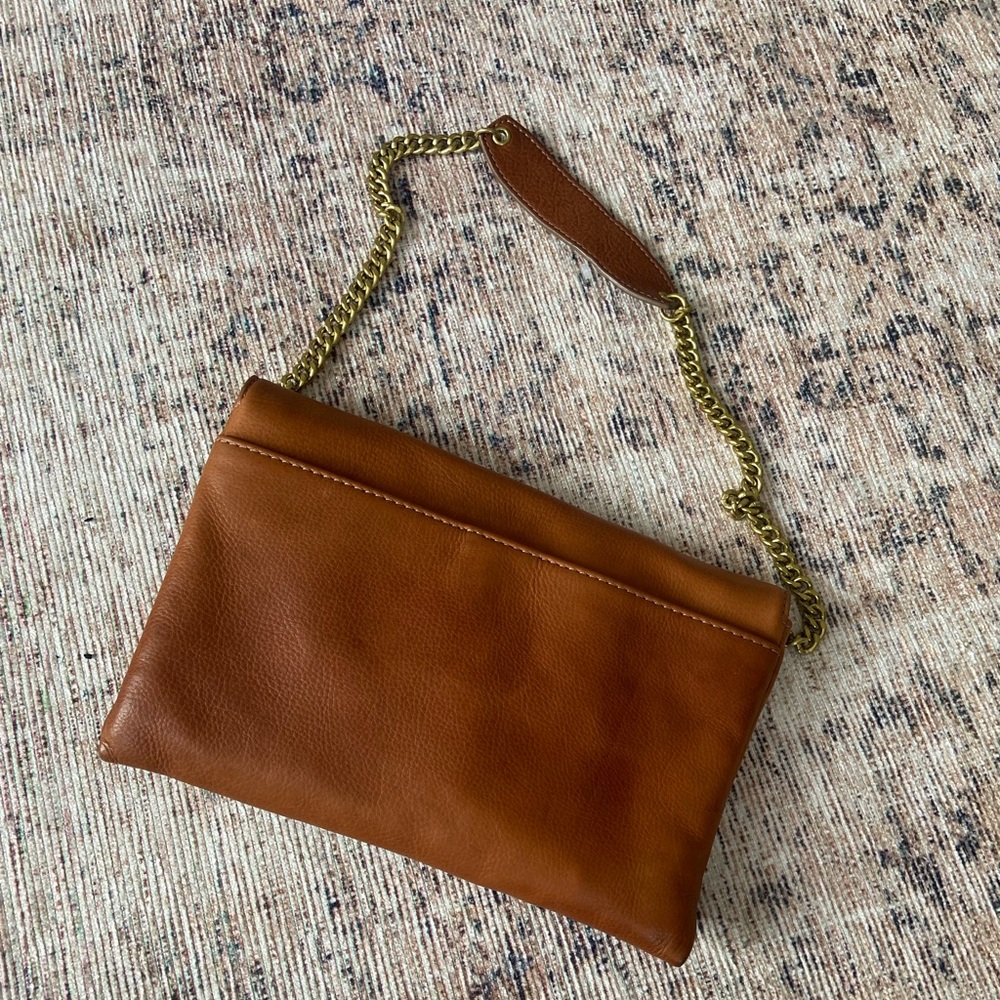 ๐SOLD J. Crew Tan Leather Chain Strap Envelope Clutch Shoulder Bag - Picture 6 of 8